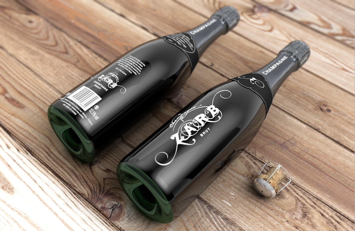 Champagne bottle 3D visual concept black rose glass Packshot