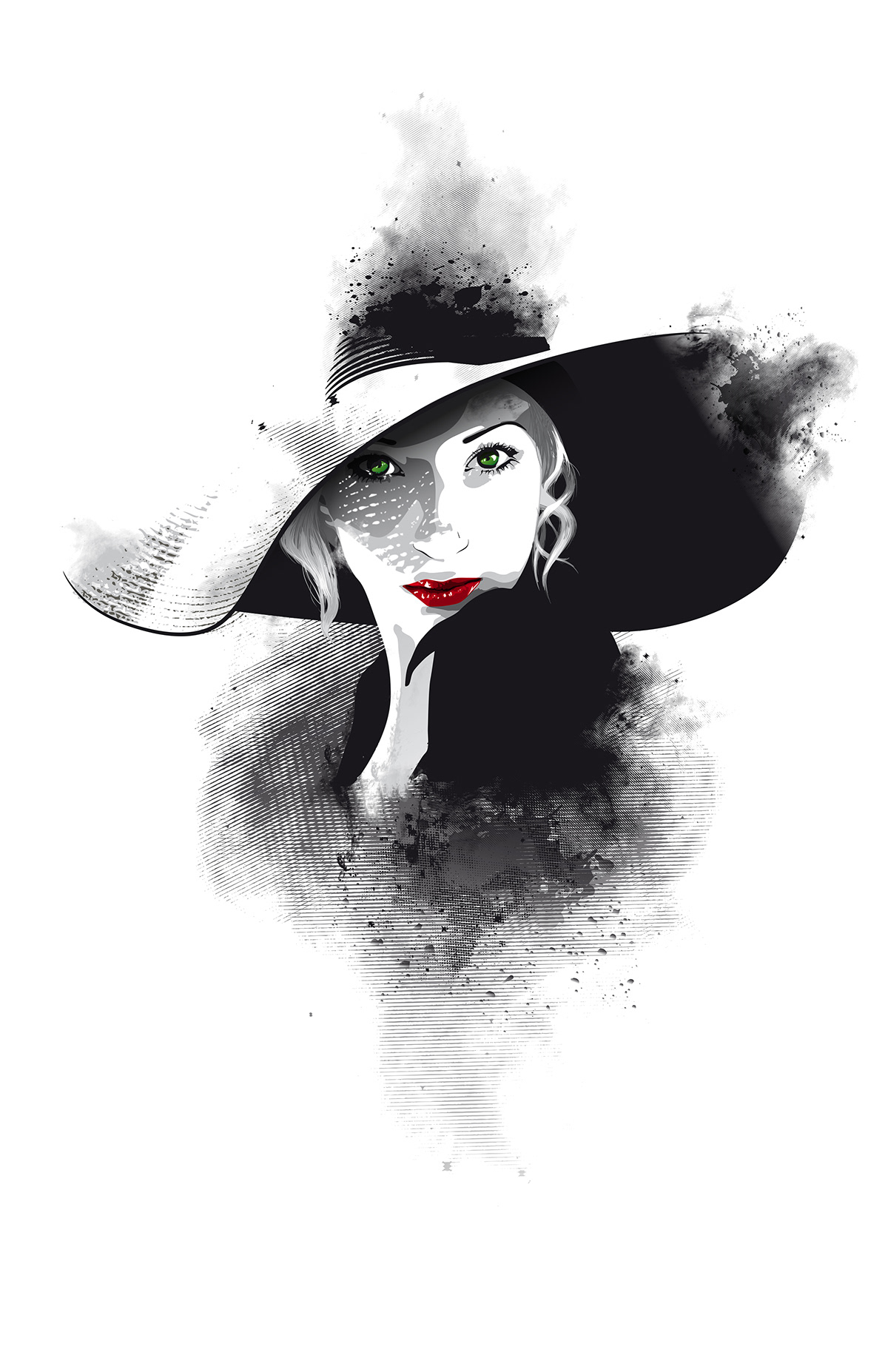 vector portrait girl b&w black White red hat smoke