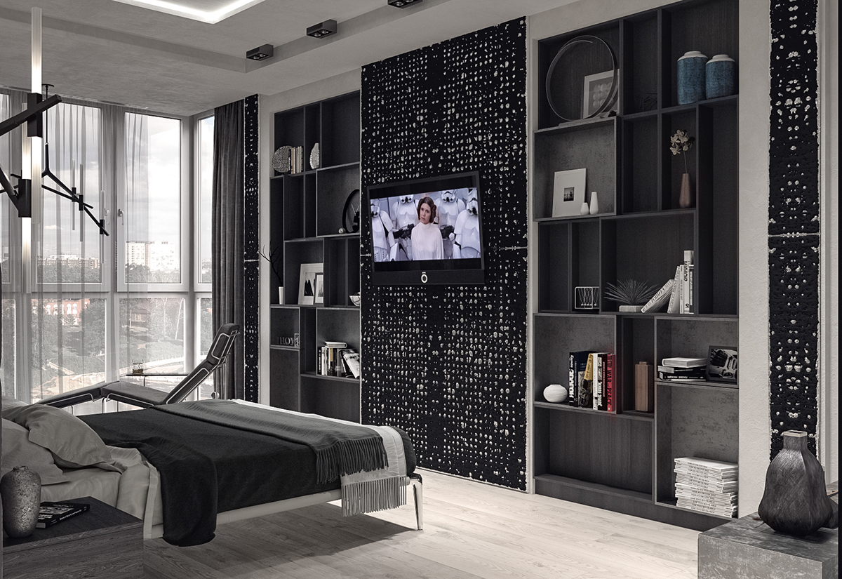 CG Interior apartment design 3ds max vray LR Black&white contemporary