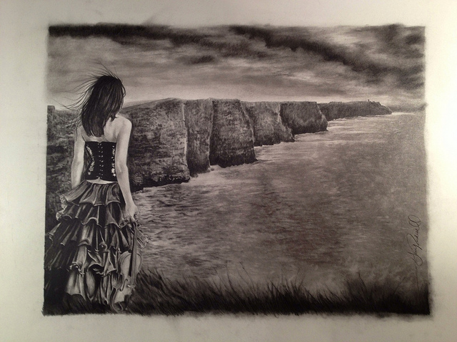 Ireland irish Celtic Travel Landscape cliffs moher Violin girl woman charcoal pencil graphite watercolor paper
