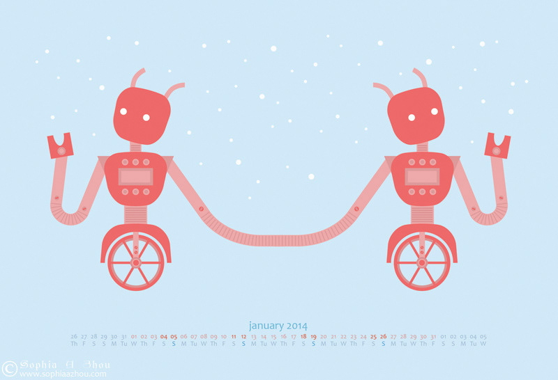 2014 Calendar robots robot calendar cute design kawaii