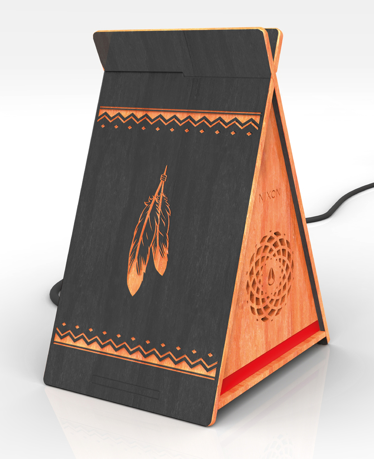 Nixon speakers wood laser lazer engraving Tipi sioux Apache Ethnic home illustrations sound Sound Box ecologic