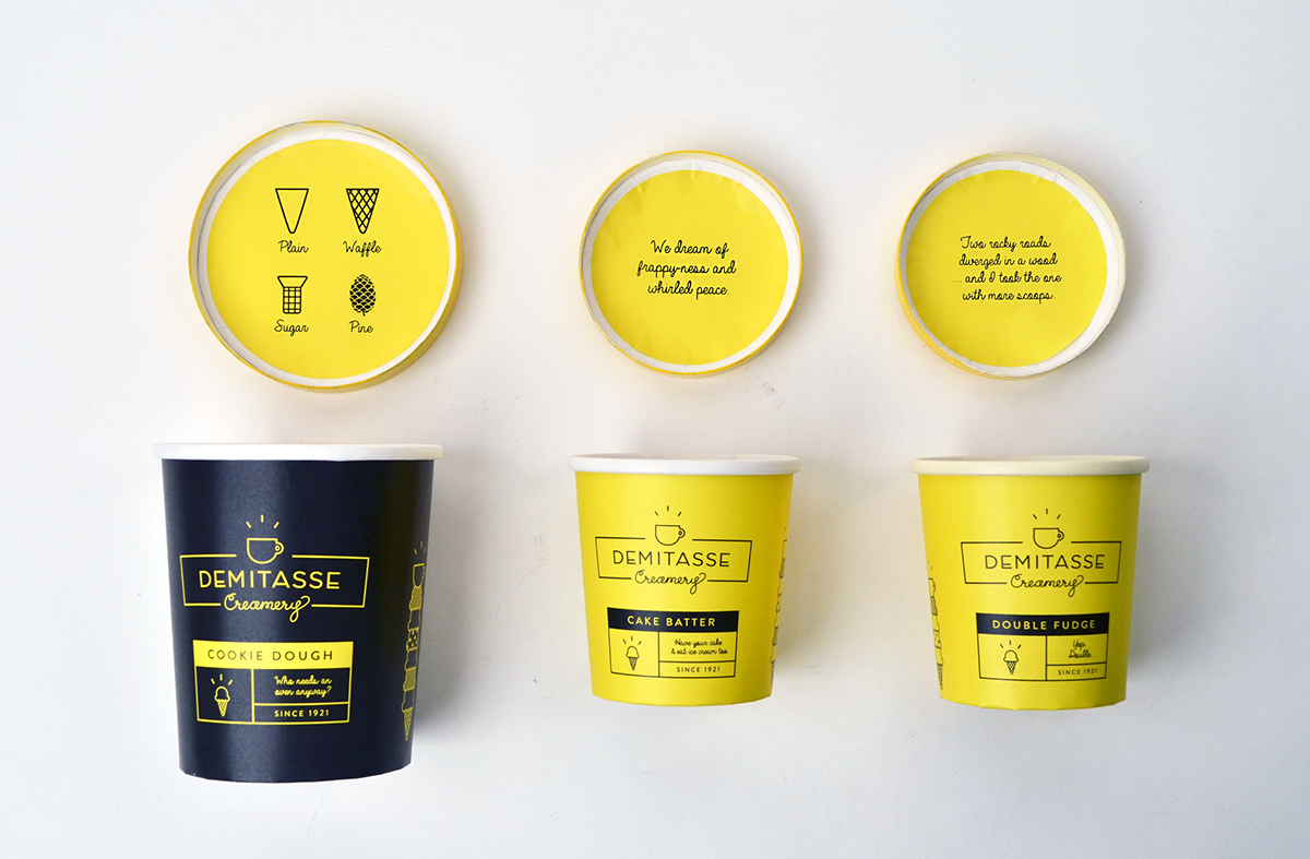 Coffee ice cream creamery identity logo yellow cup bag lid stripes dots puns