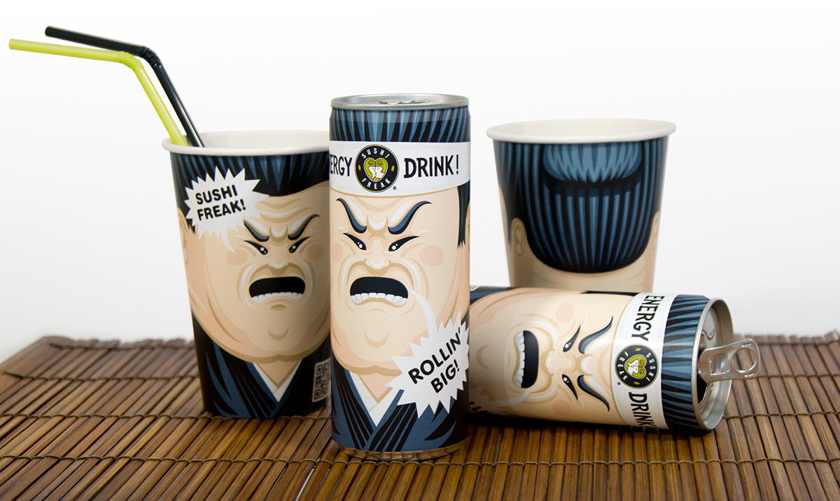 Sushi Freak sushi-bar Sumo wrestler japanese cuisine emotional face  soft drinks glass energy drinks wow-design bottled water