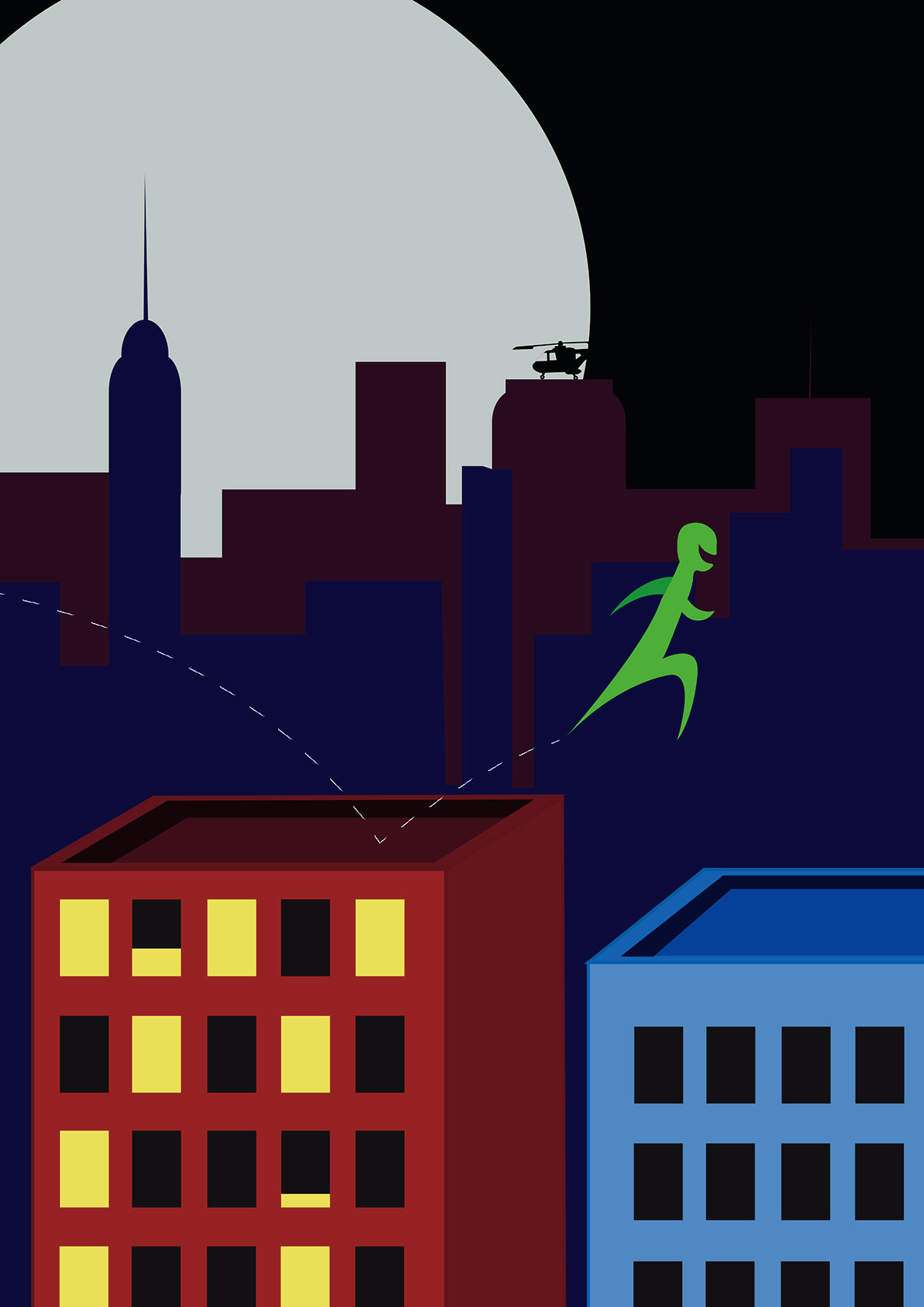 Illustrator man jump roof city moon
