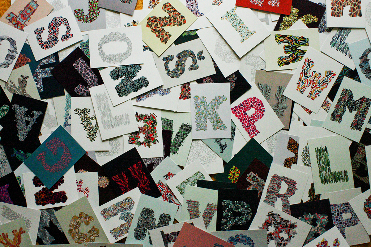 type letters postcards typophille decorative typographic letter Drop Cap post card post print detail