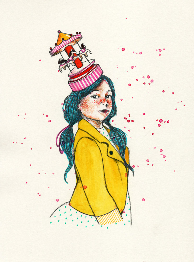 girl watercolor papel yellow hat dots