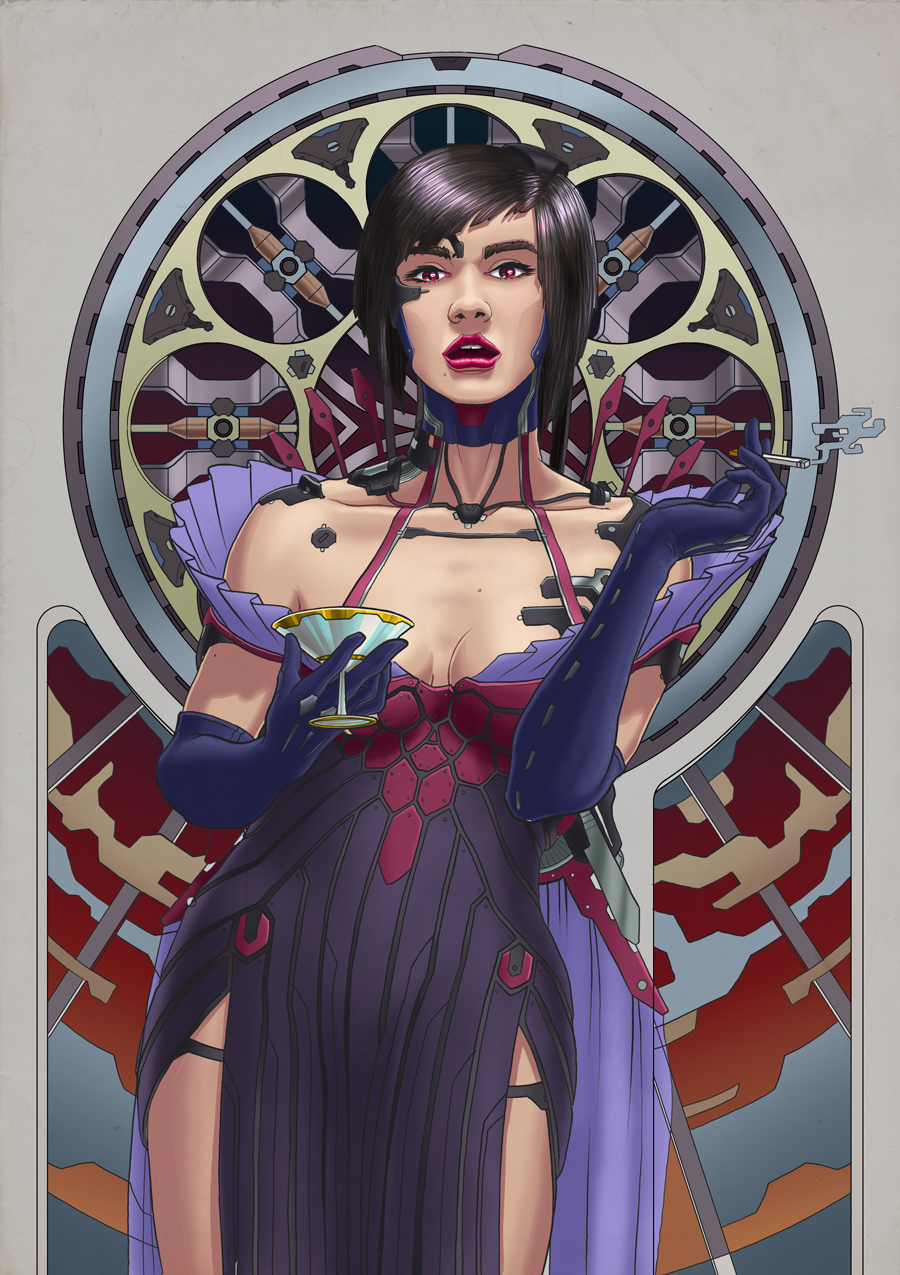 Cyberpunk Mucha blade runner sci-fi future elegant gilr woman Lady concept goth maszrum poster