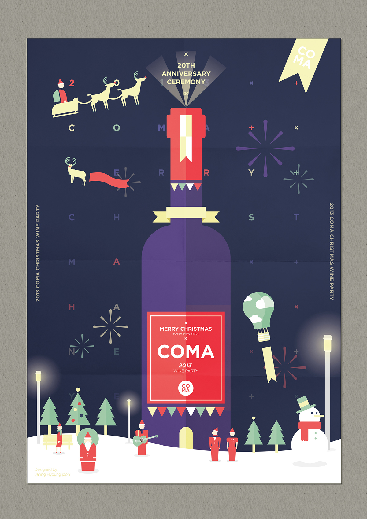 Christmas merry happy new year party poster santa wine pictogram Character gift illust graphic Coma