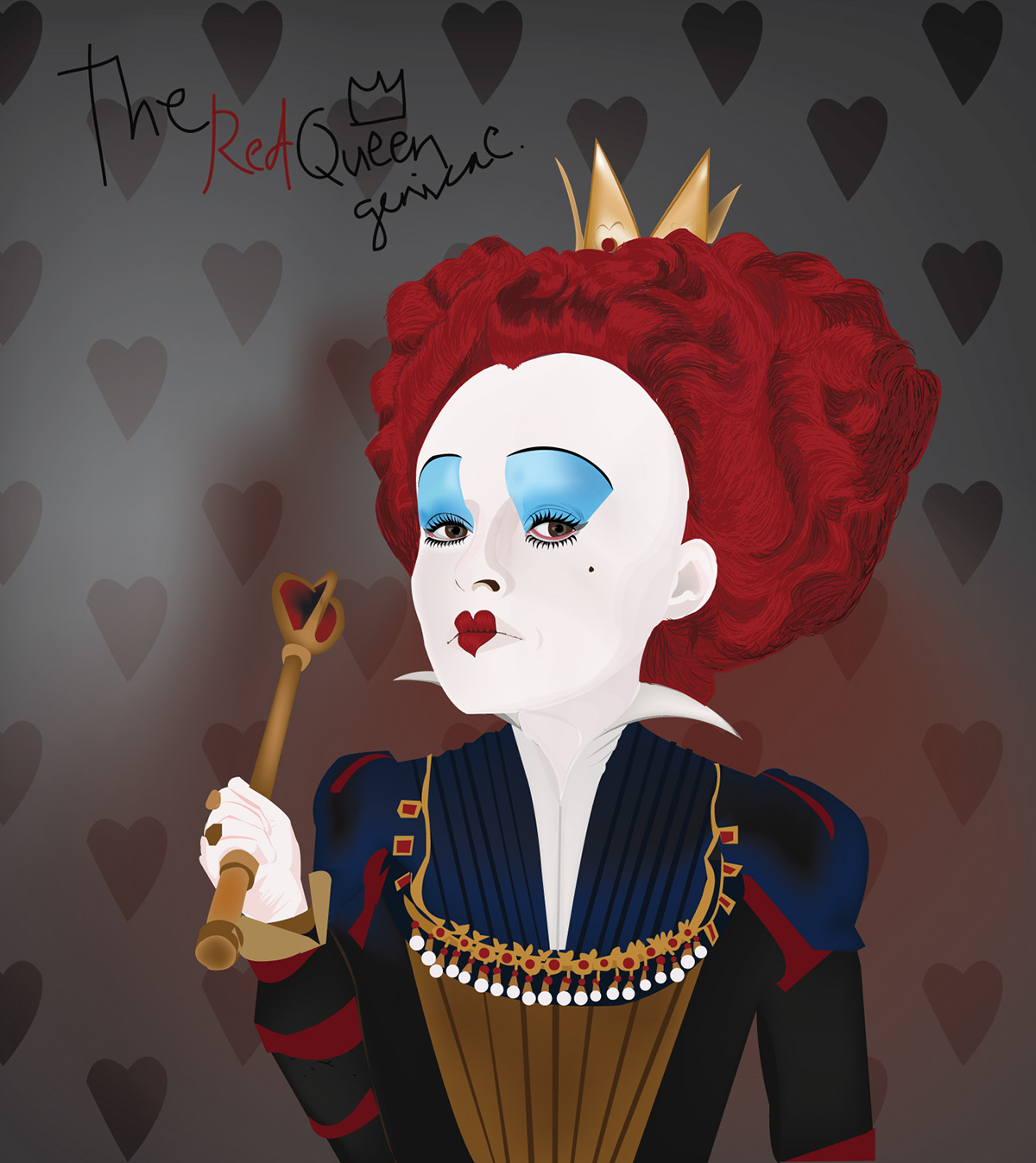 alice in wonderland red red queen vector big head hair black heart art