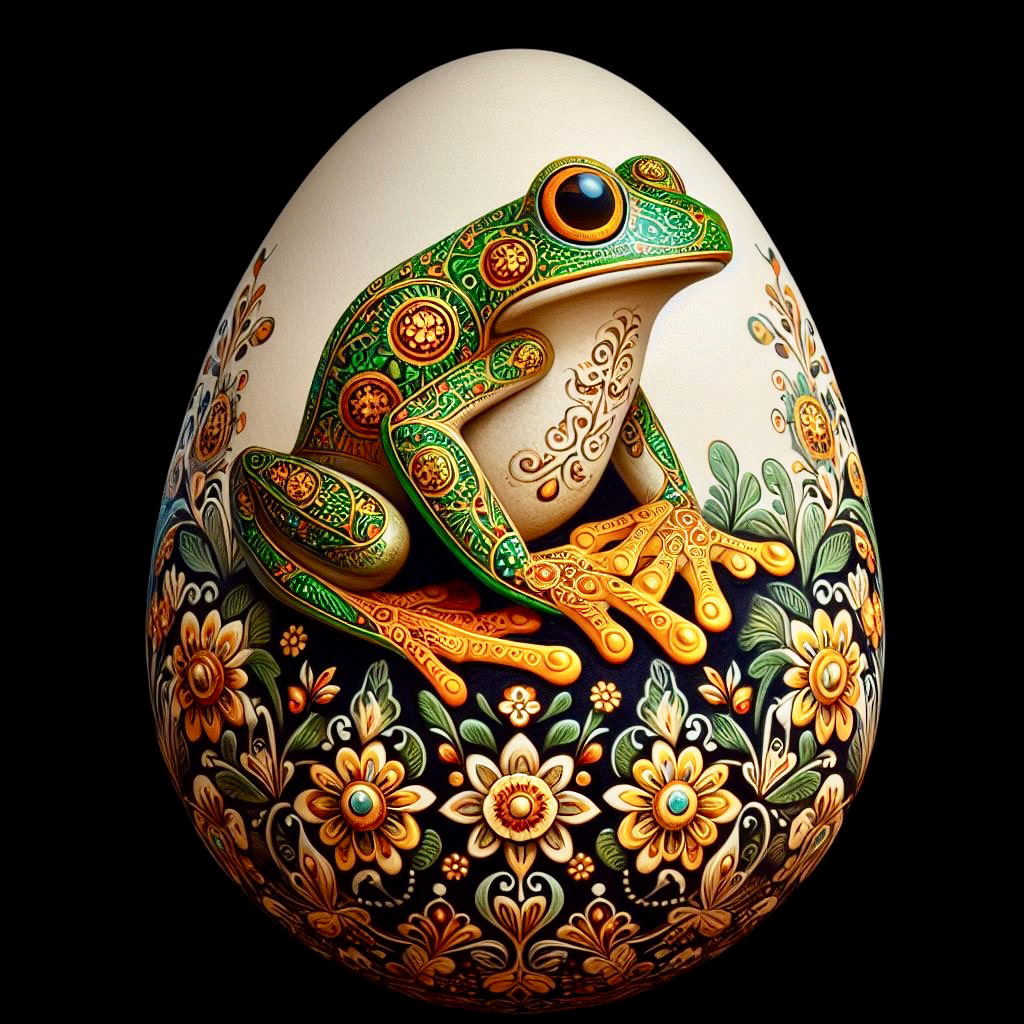 frog khokhloma art russian art intricate ornate Colourful  eggshell art 