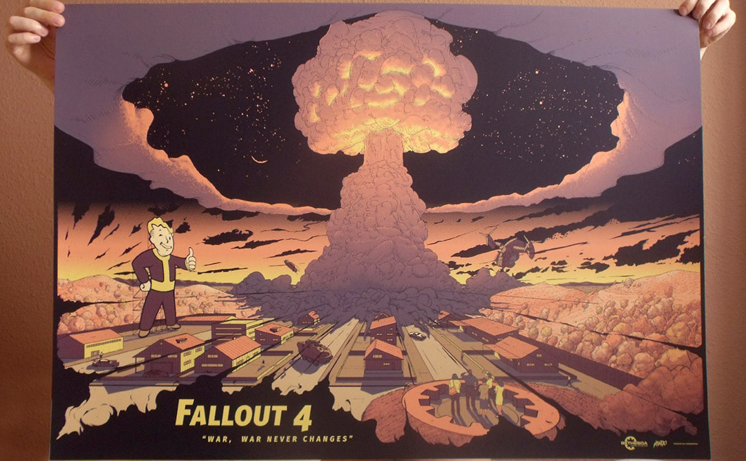 fallout bomb screen print Mondo explosion city mountains poster sci-fi game