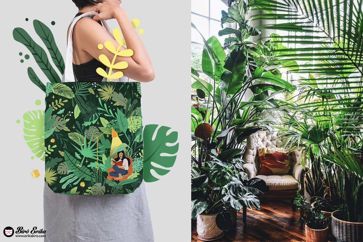 jungle botanical book selflove boho budapest pattern design  fabric surface bag design