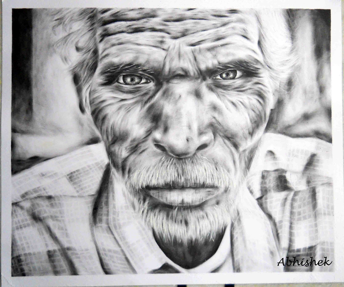 old man portrait oil paint dry brush black and white