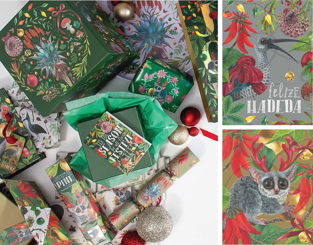 christmas design gift packaging south african art Merry Christmas Gifting Boxes packaging design deep etching colaboration georgina taylor Quirky Illustration