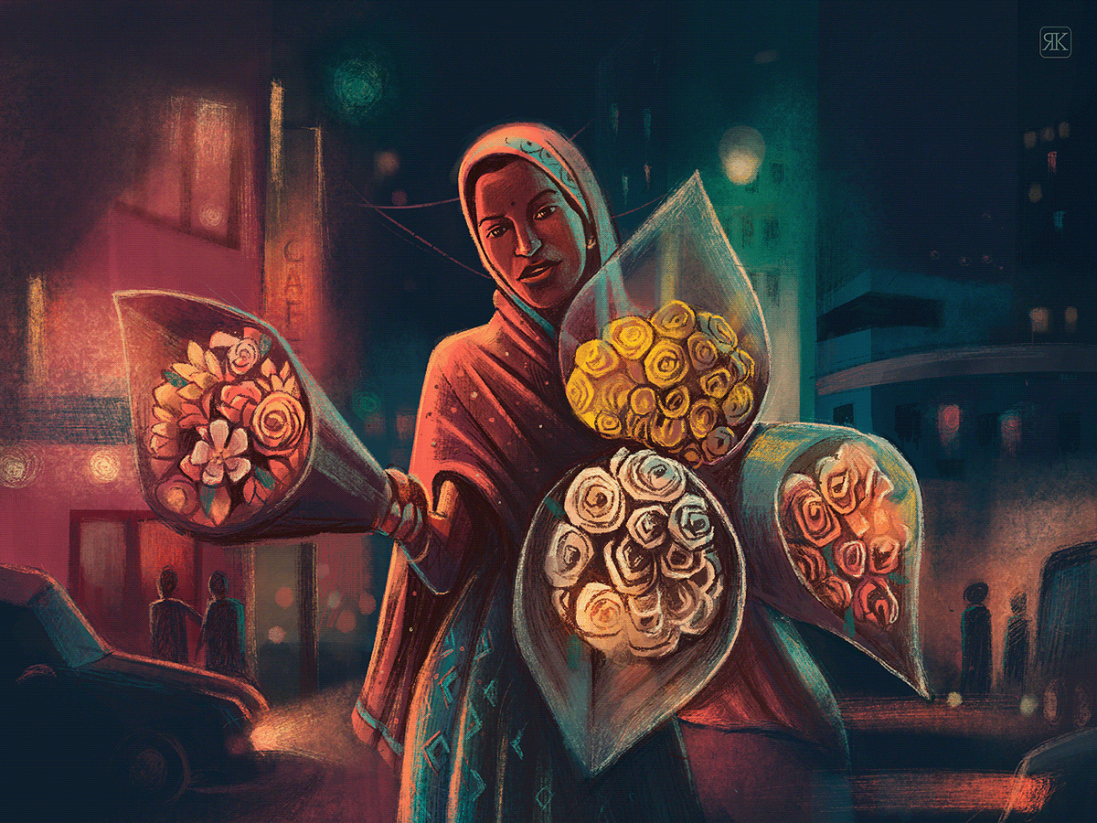 Blossoms on a busy street - illustration by ranganath krishnamani