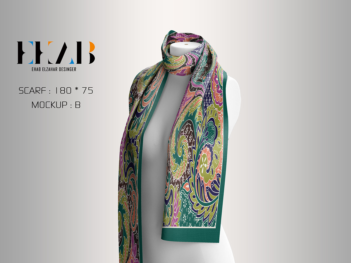 scarf print Fashion  model woman photoshoot Mockup fabricdesign patterndesign scarfdesign