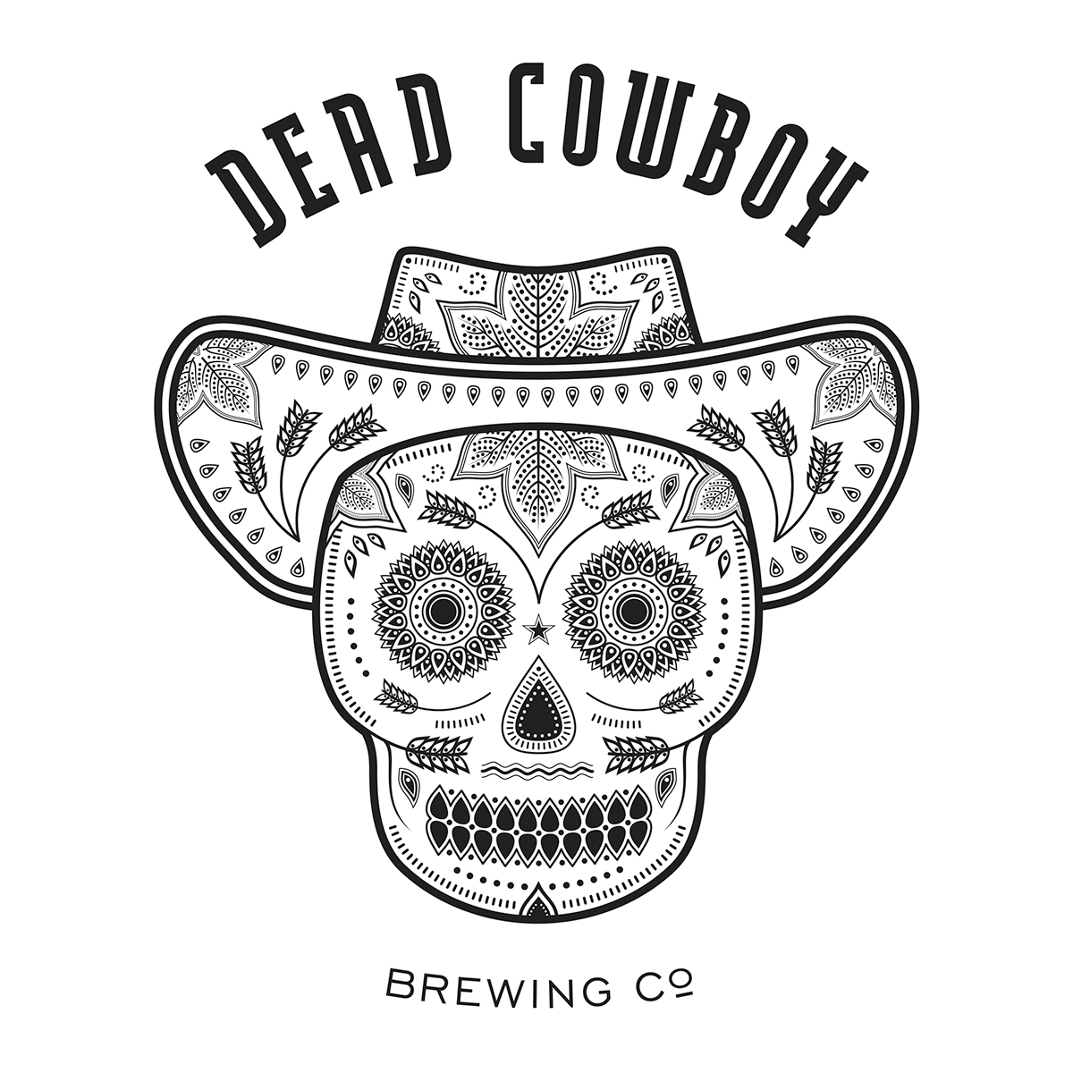 beer logo skull cowboy hat hops wheat dia de los muertos folk art sugar skull