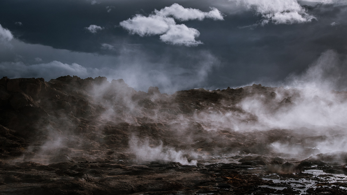 iceland Landscape geothermal smoke mountain dark clouds dramatic Myvatn
