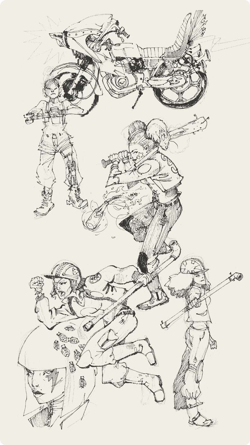 girls motorcycle Bike melee sci-fi gangs bosozoku sketch inks robot Cyberpunk