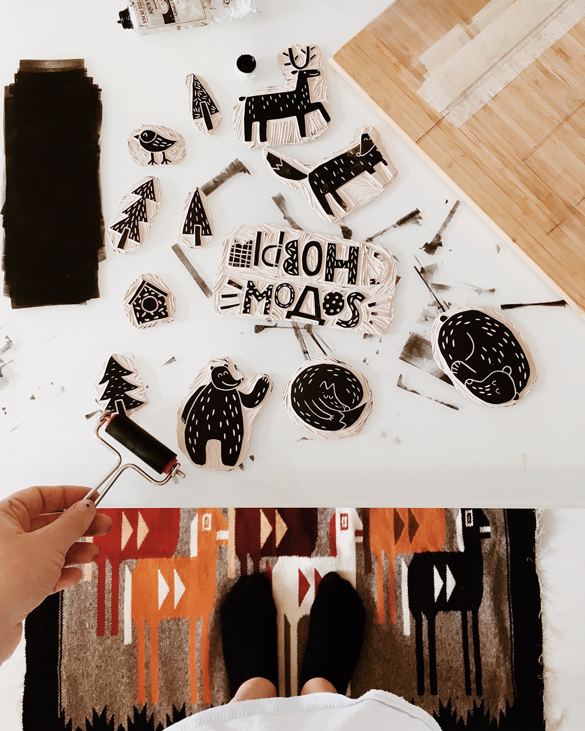 wood Christmas paper craft bear FOX christmastree deer printmaking stamp