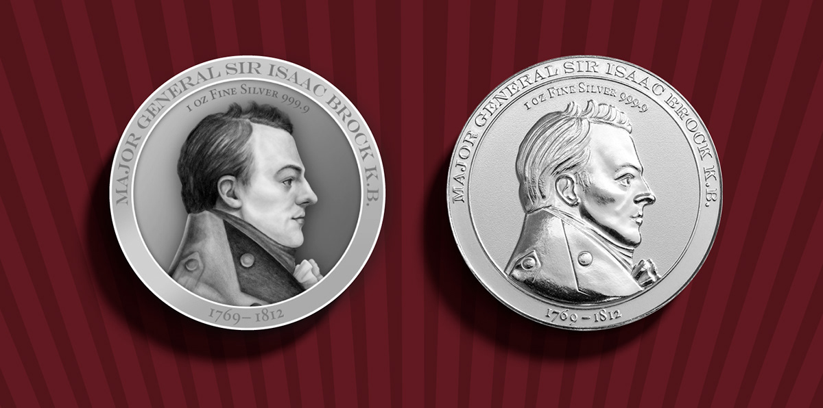 sir isaac brock queenston heights  silver coin the potting shed  coin design  gareth rowson ILLUSTRATION  major general guernsey  coin  round   collectors round  silver  portrait 1 ounce