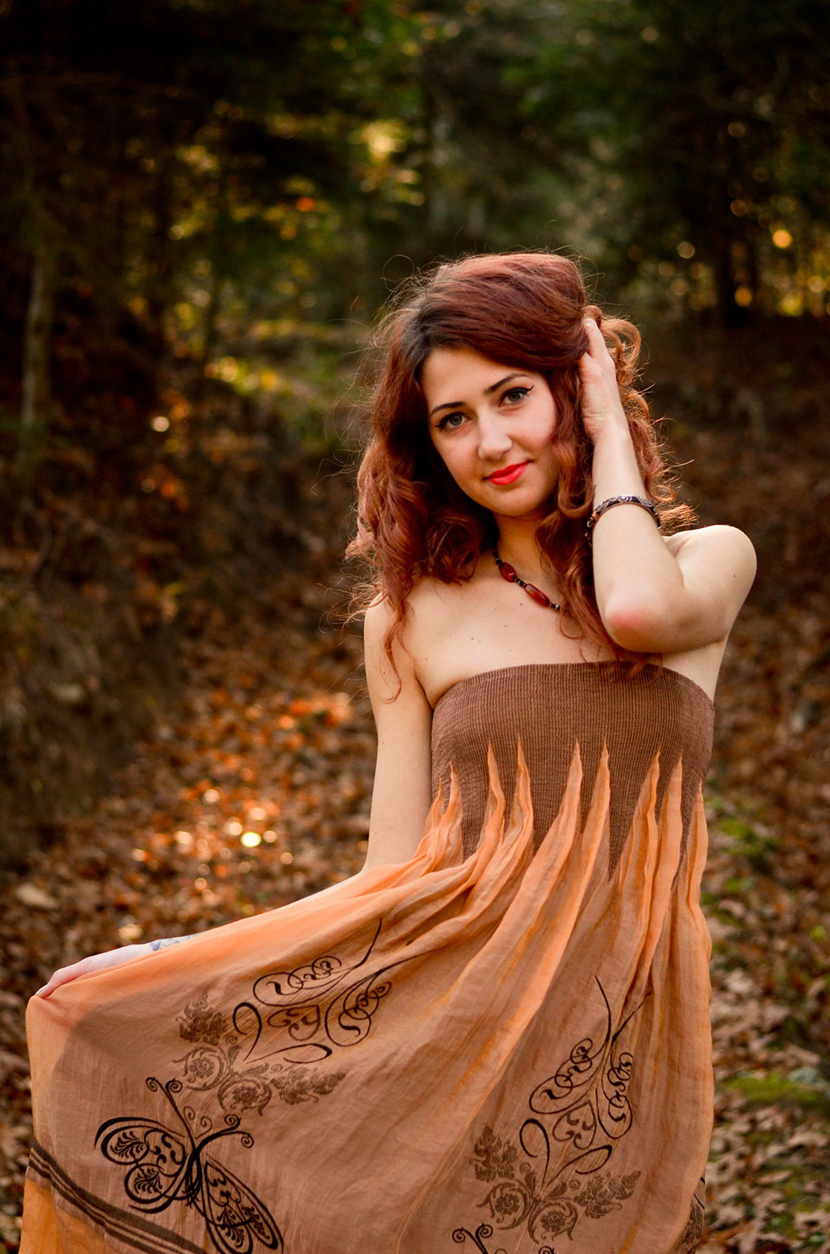 girl autumn sunset red hair forrest tatoo Nature Tree  woman
