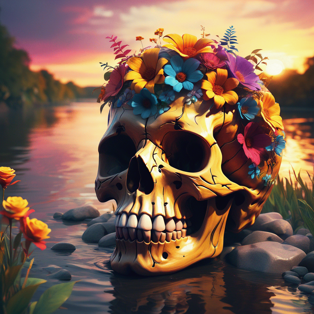 skull ILLUSTRATION  Flowers colors Sunrise sunset river poster Poster Design Digital Art 