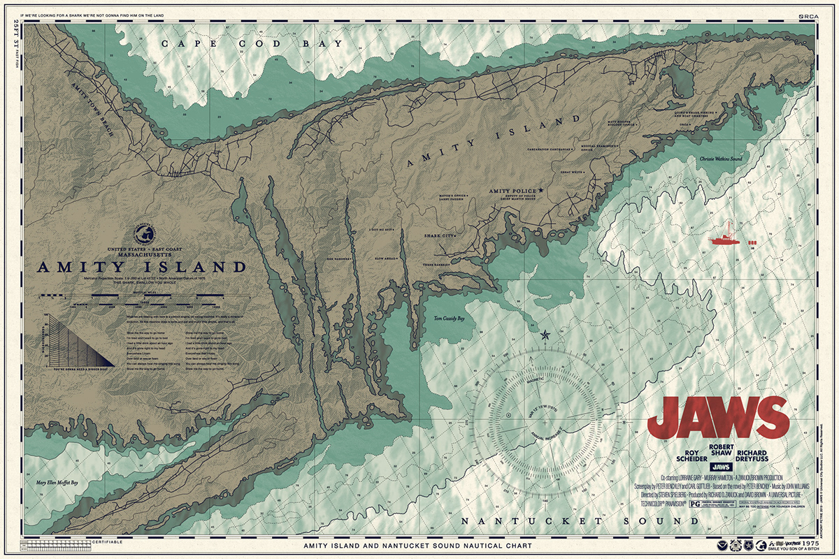 jaws chum chart screen print poster shark orca map nautical typography  