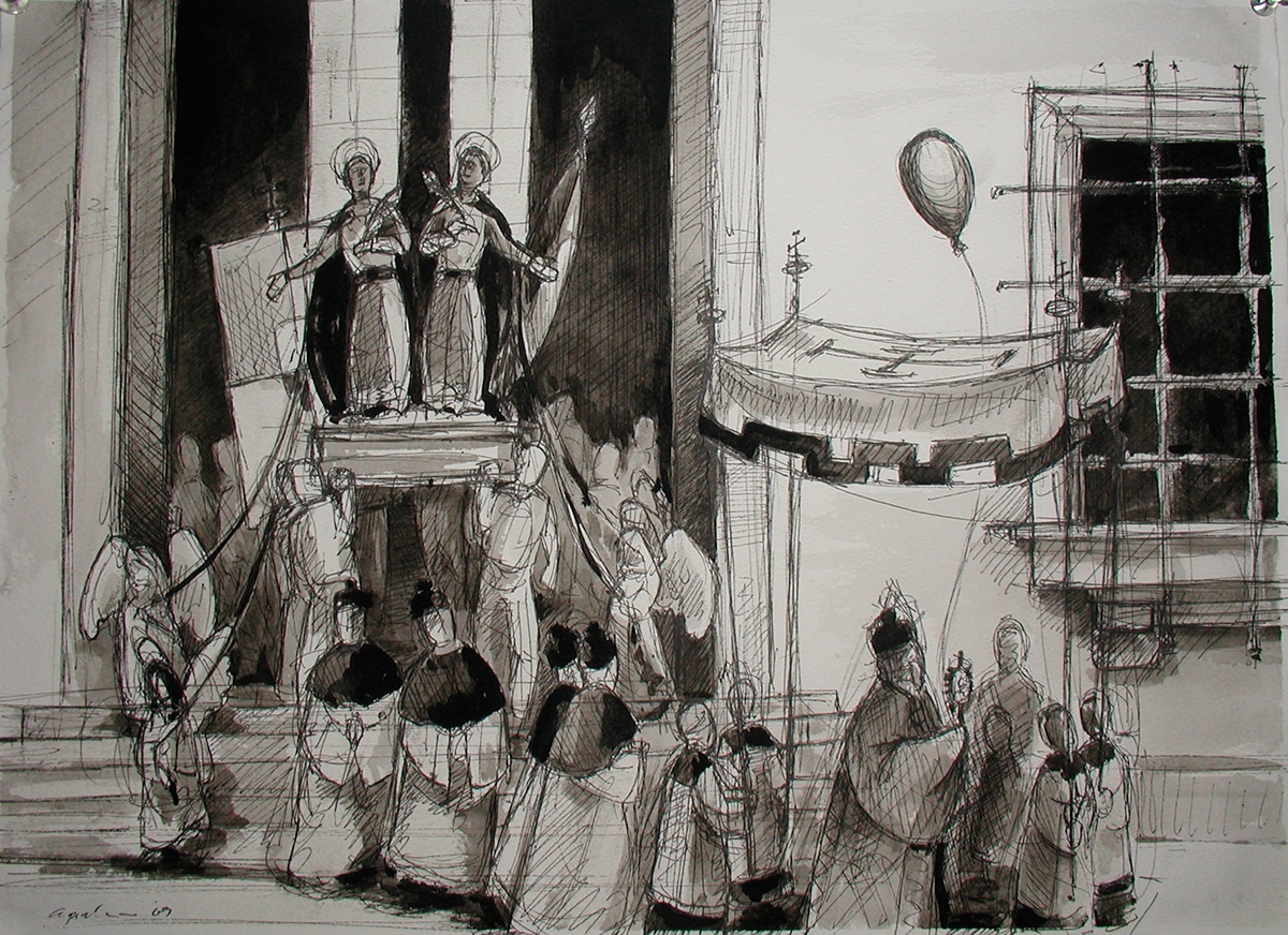 watercolor  painting  drawing  ink  religous  italian  saints  madonna  procession  parade capirchio