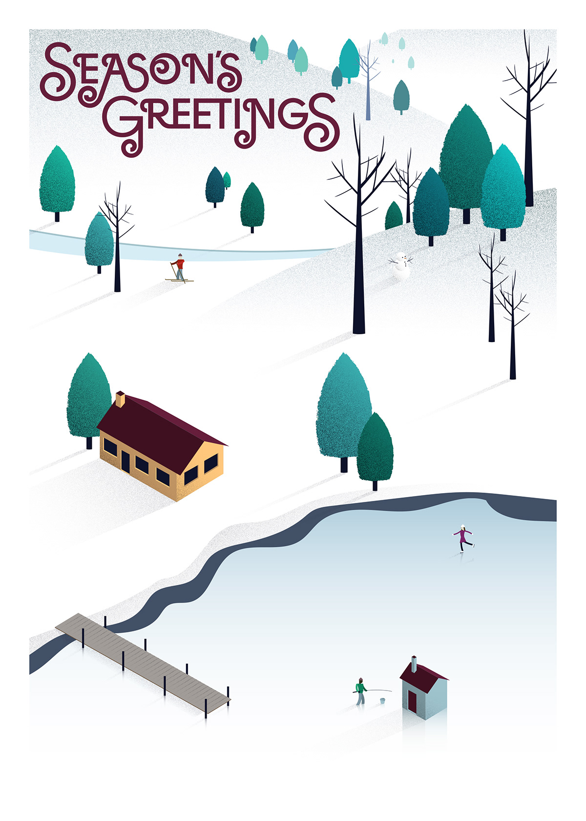 Holiday Christmas greeting card Isometric winter Wisconsin custom type Landscape ice fishing PBS