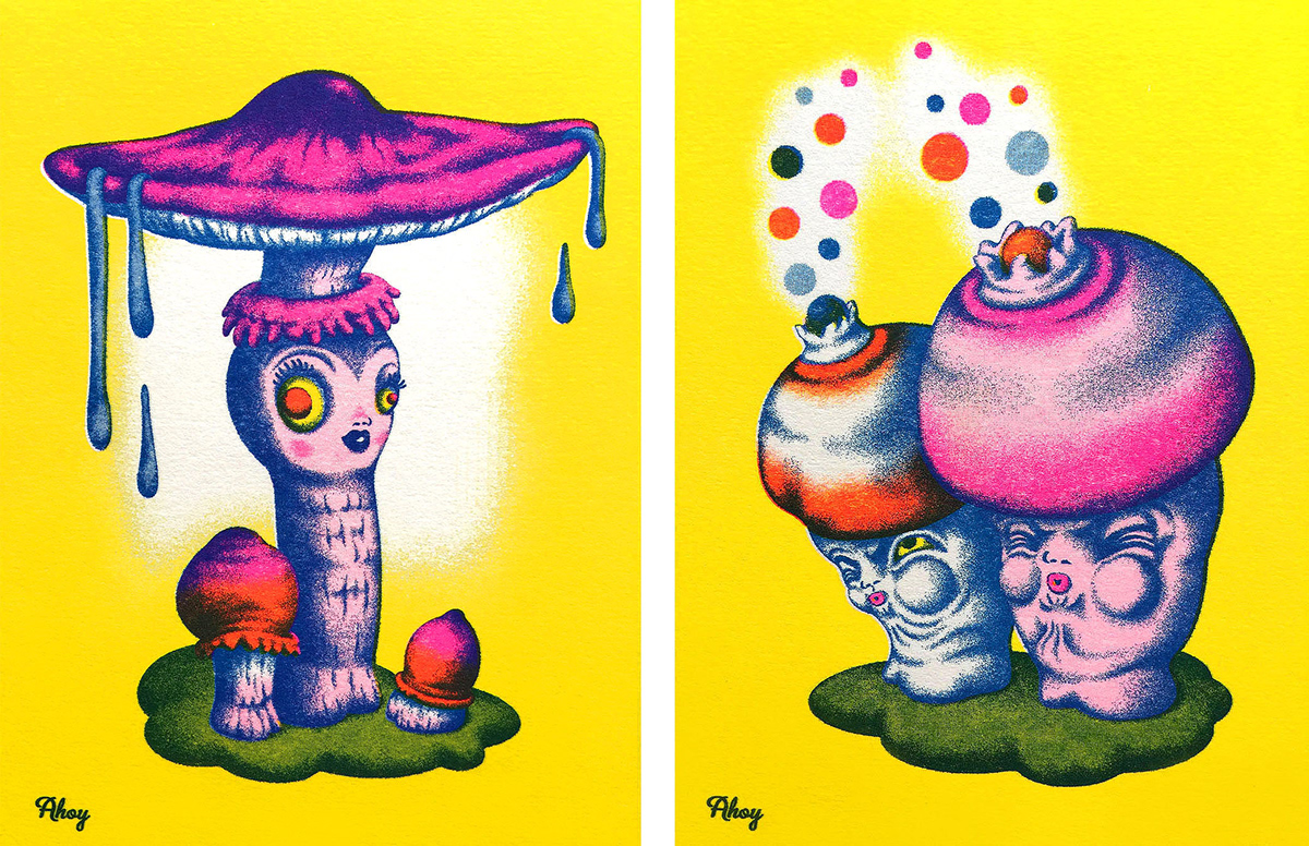 Risographs by Angela Ho (Ahoy Illustration) for Game Of Shrooms, 2019
