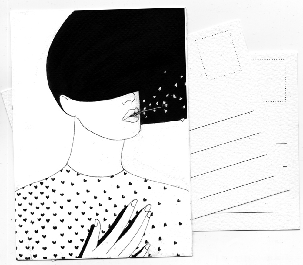 original drawing Marker Hand made item postcards art original mini avant garde black and White line ink drawing surreal affordable art feminine