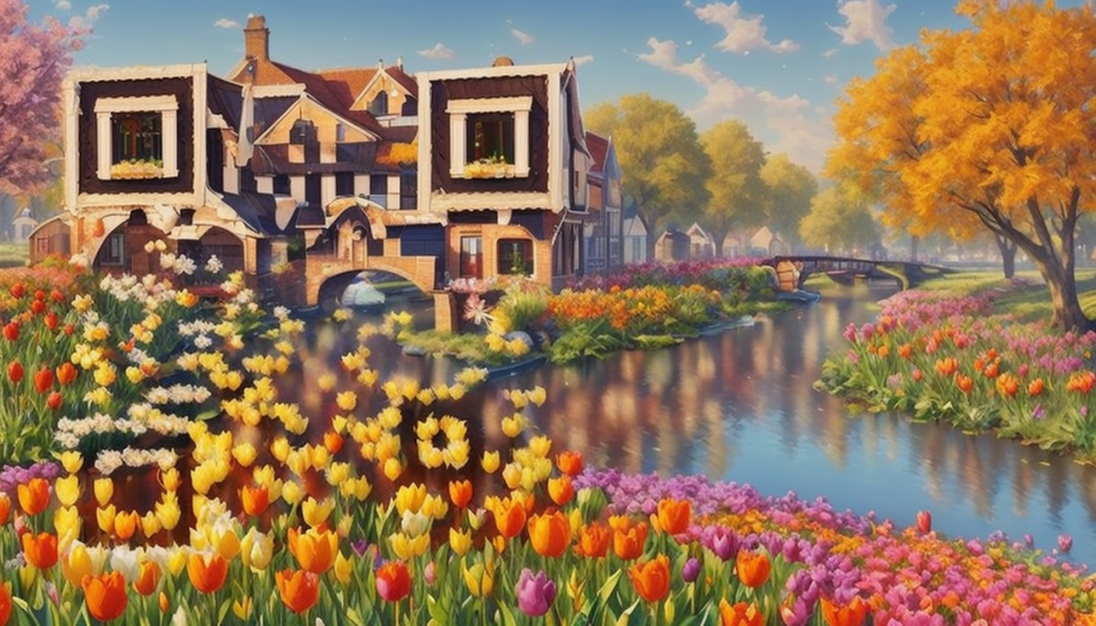 Embark on a Scan  journey through the picture of a landscape of Holland with  unique Tulip Canal