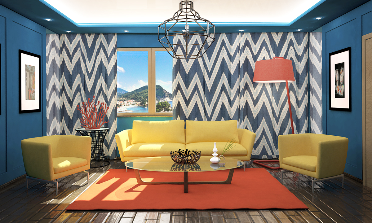 Interior blue design livingroom 70's marine great decoration home sea red yellow deco