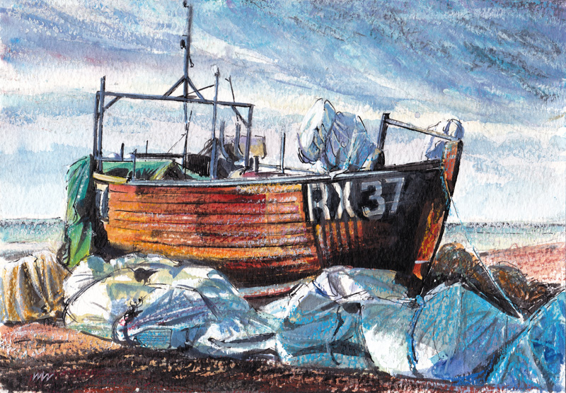 fishing boats hastings barn sketches Watercolours Pastels pen and ink fishermen The Stade
