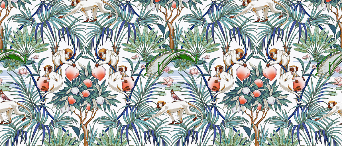 monkeys chinese peaches sun waking garden pattern design  seamless pattern chinese animal drawing botanical