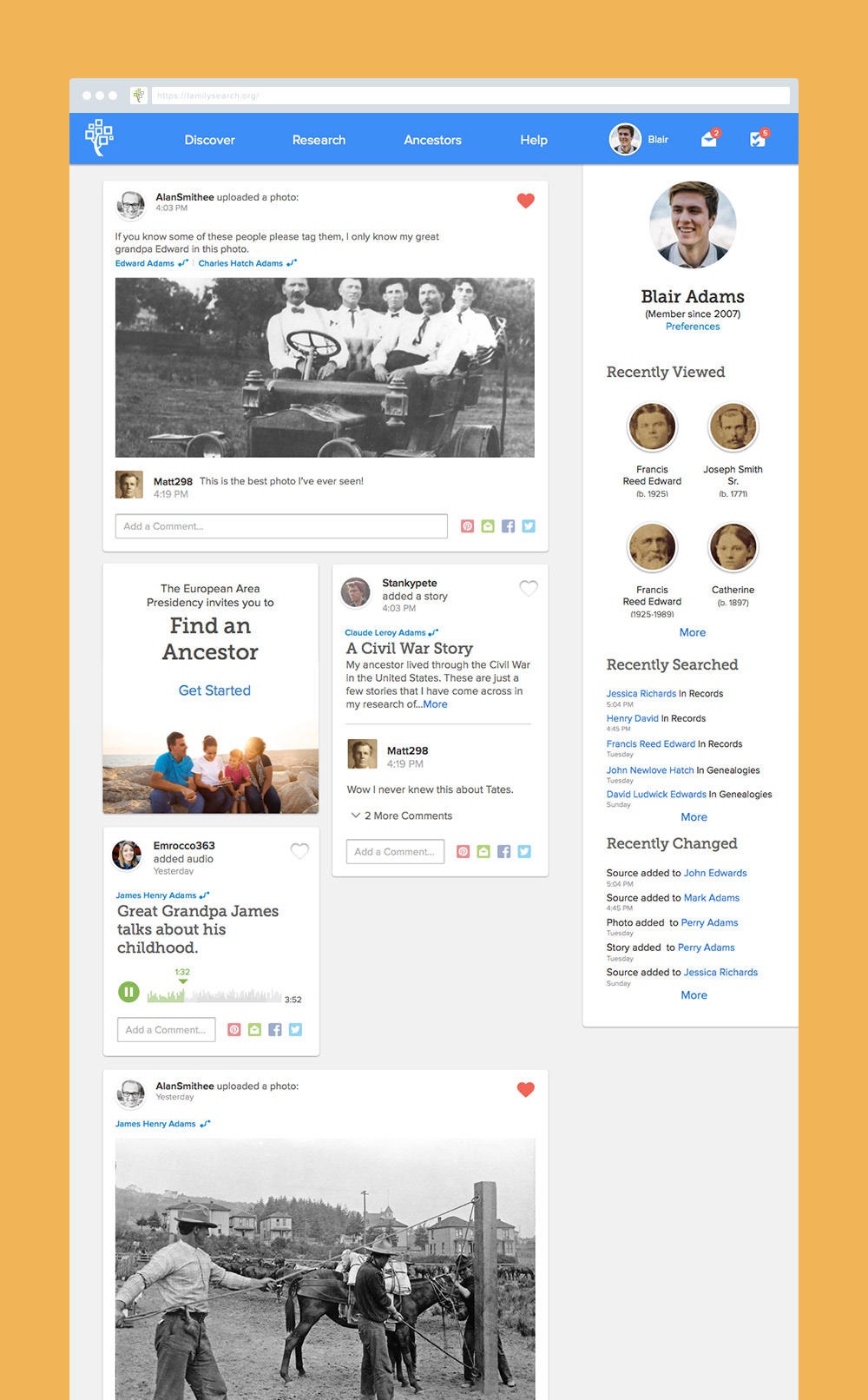 FamilySearch Loggedin homepage activity feed dashboard profile
