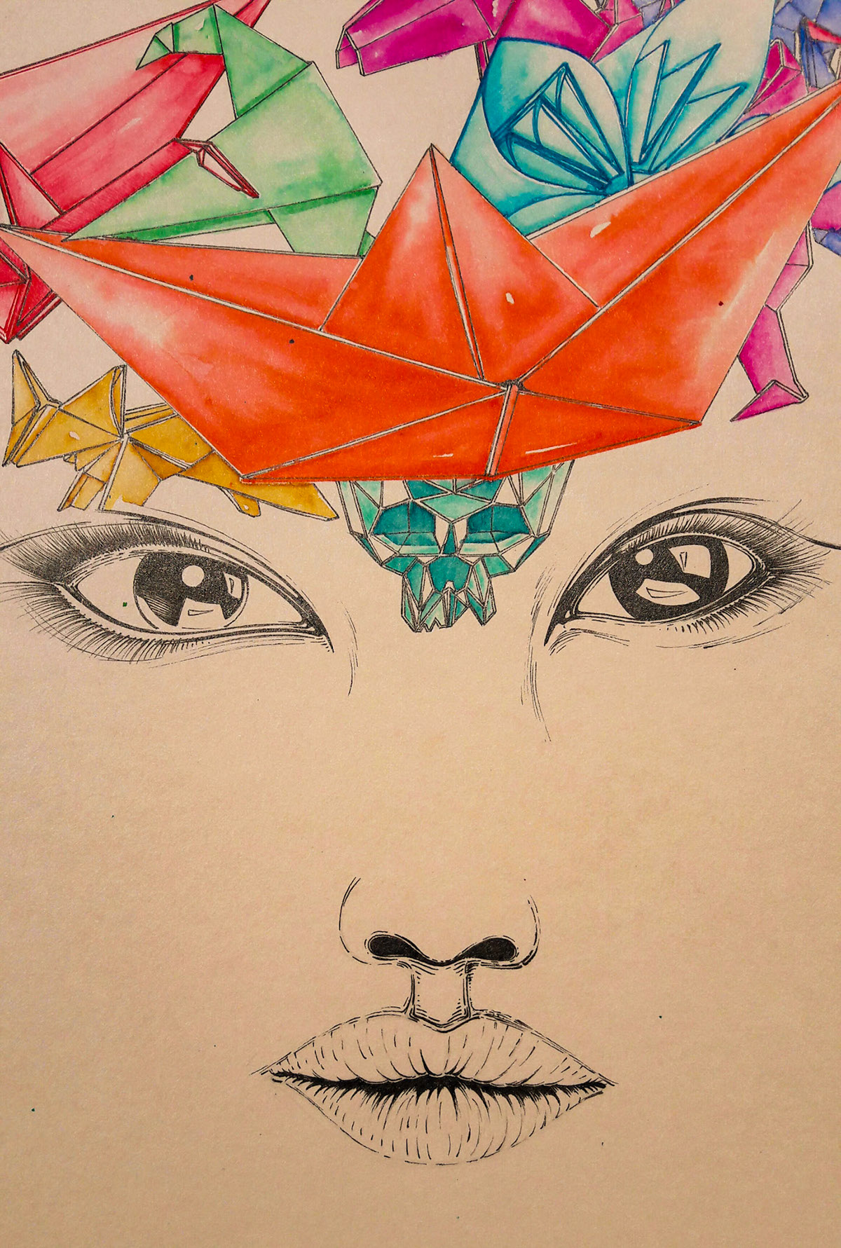 paper ink watercolor Nicolas Skorupka origami  asian woman face eyes portrait