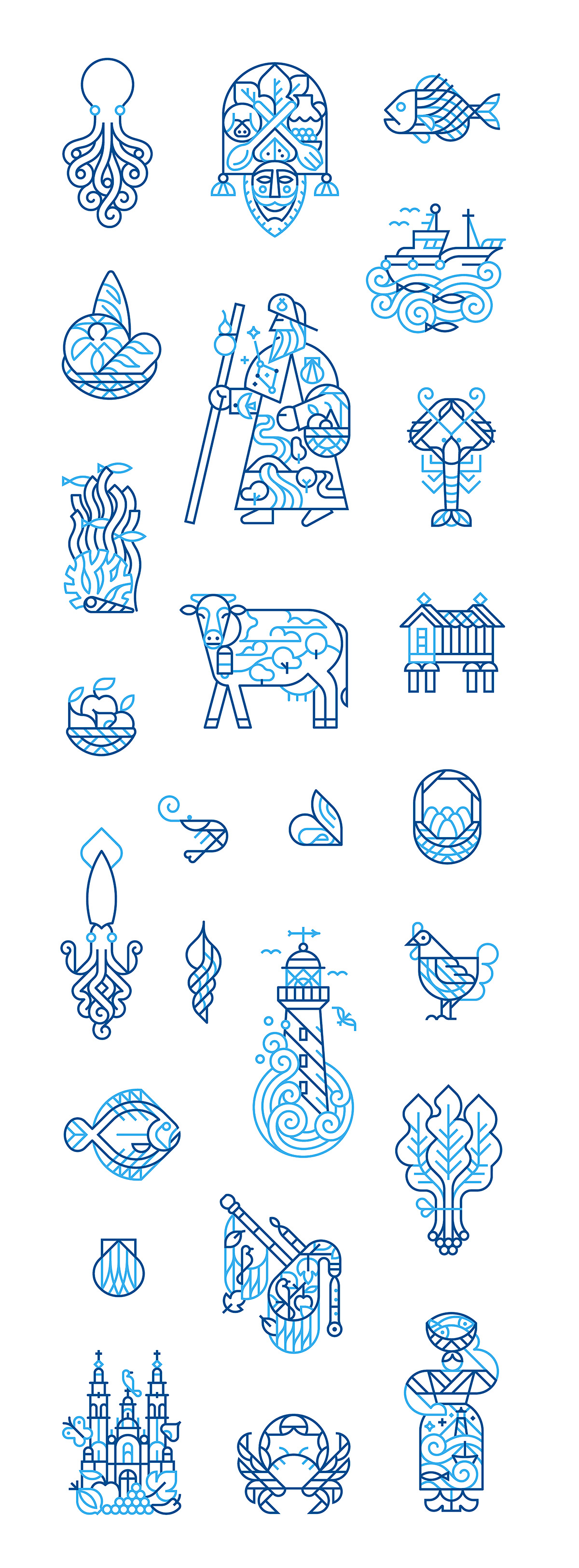 Collection of vectorial icons about Galicia. Linear and geometric style illustrations.