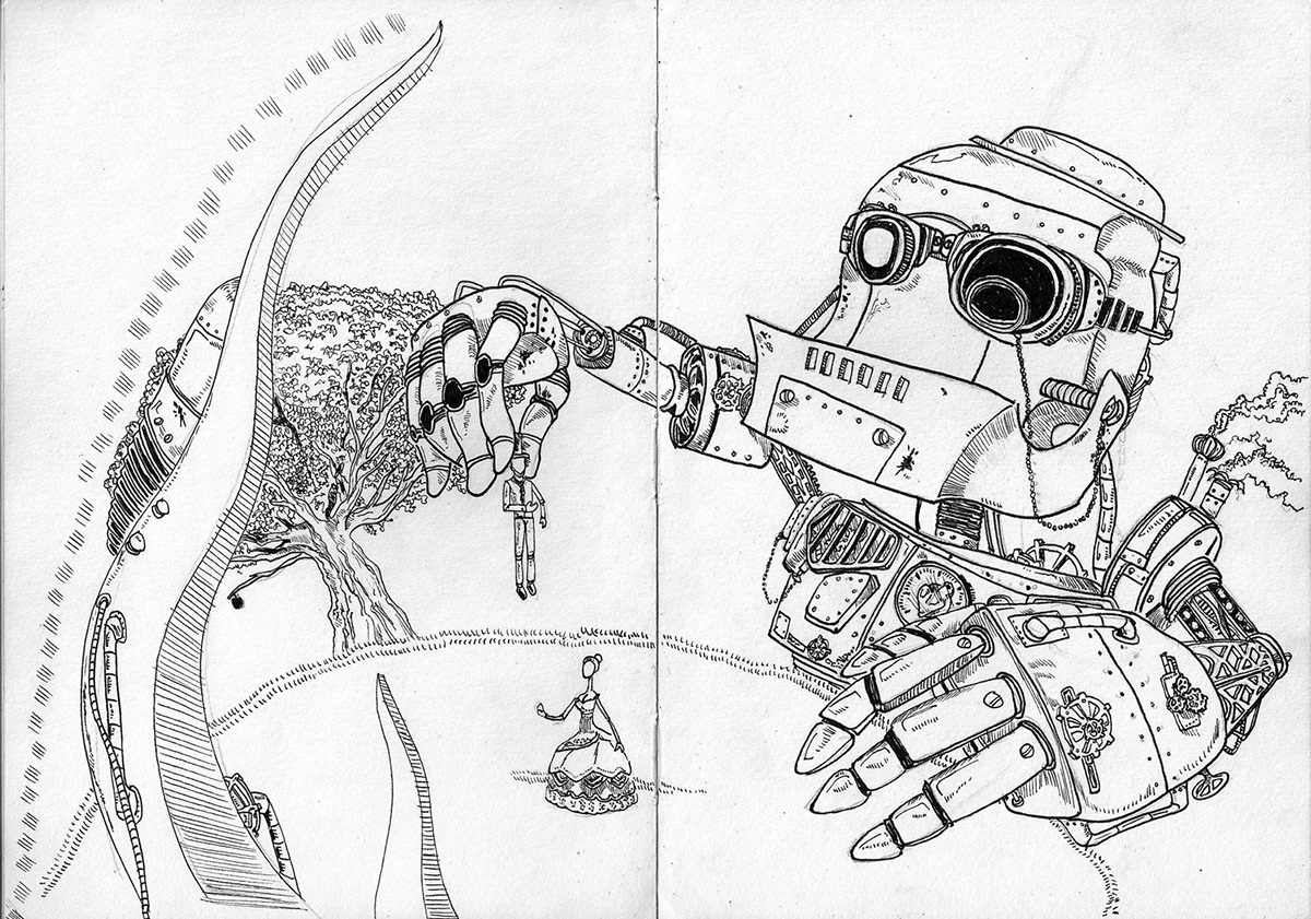 sketchbook drums batman gears God robot STEAMPUNK detail
