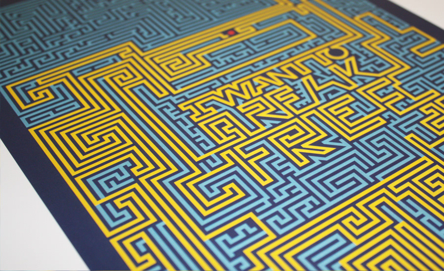 escape   ink-dot   blue   yellow   poster design quote maze grid Exhibition  gallery Drawing   puzzle  letterforms typography  