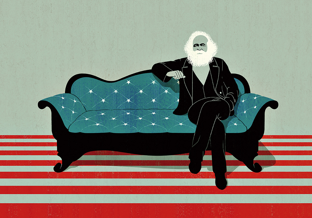 Portrait of Karl Marx sitting on a sofa covered with an American flag