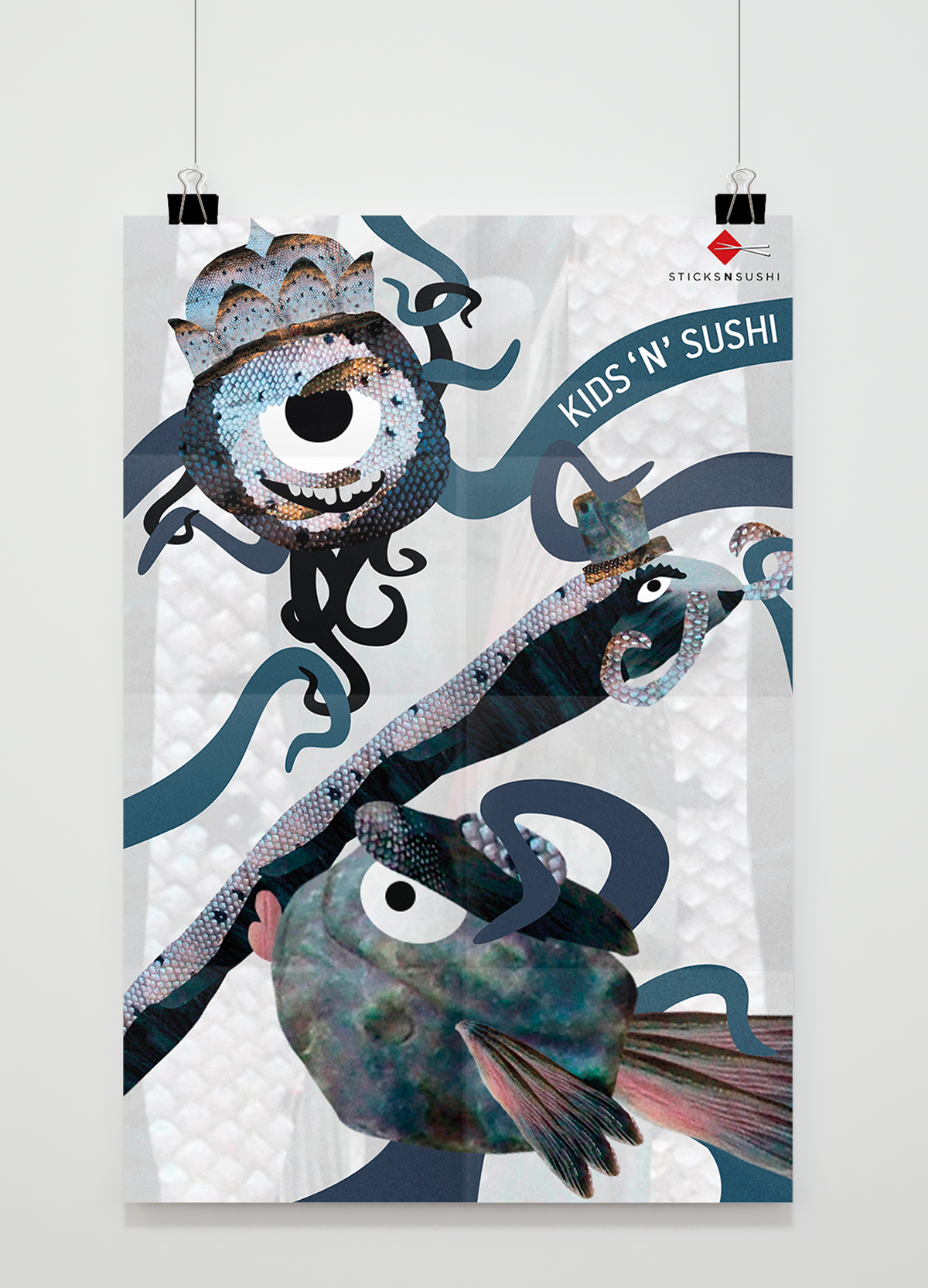 Sushi folder brochure poster ILLUSTRATION  collage monsters kids Fun Magic  
