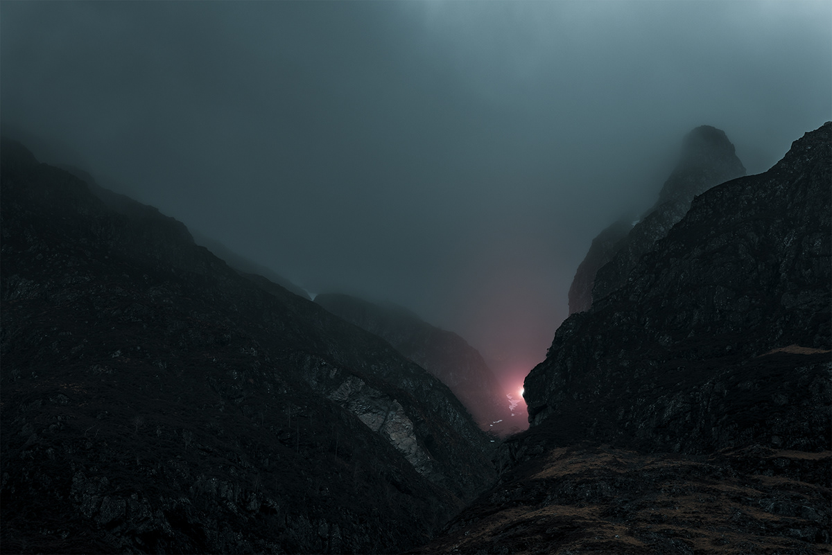 Aerial Landscape science fiction dark light night clouds alien fog