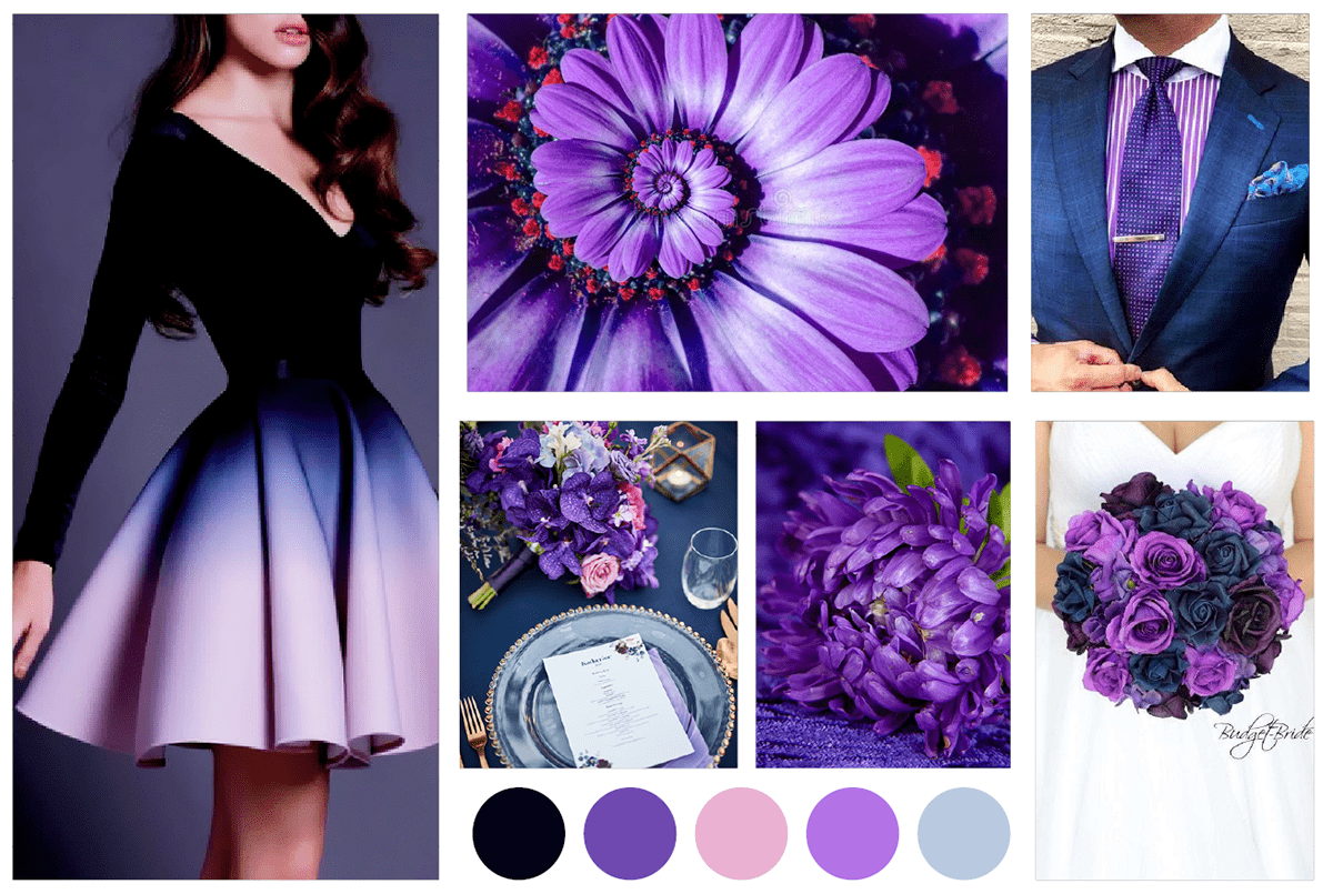 color elegant Fashion  inspiration Lilac Flowers moodboard navyblue promdress Trendboard Weddings