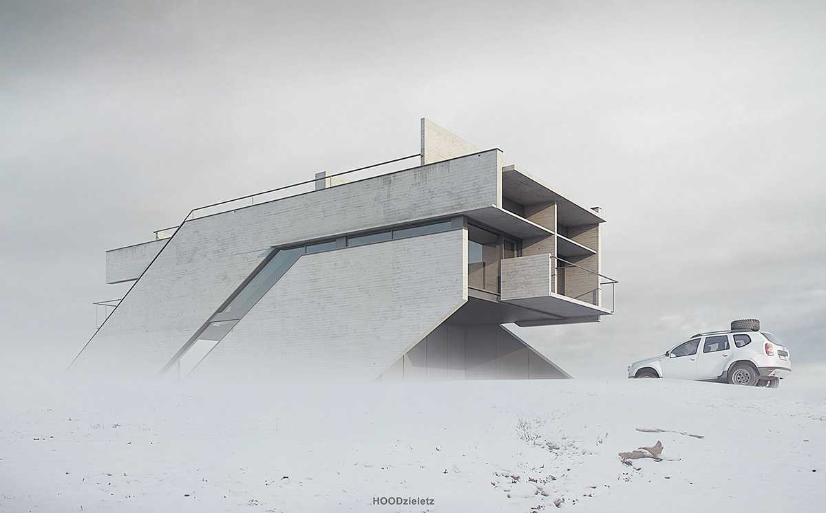 architecture Brutalism Vizualization winter concrete house V-ray adam spychała