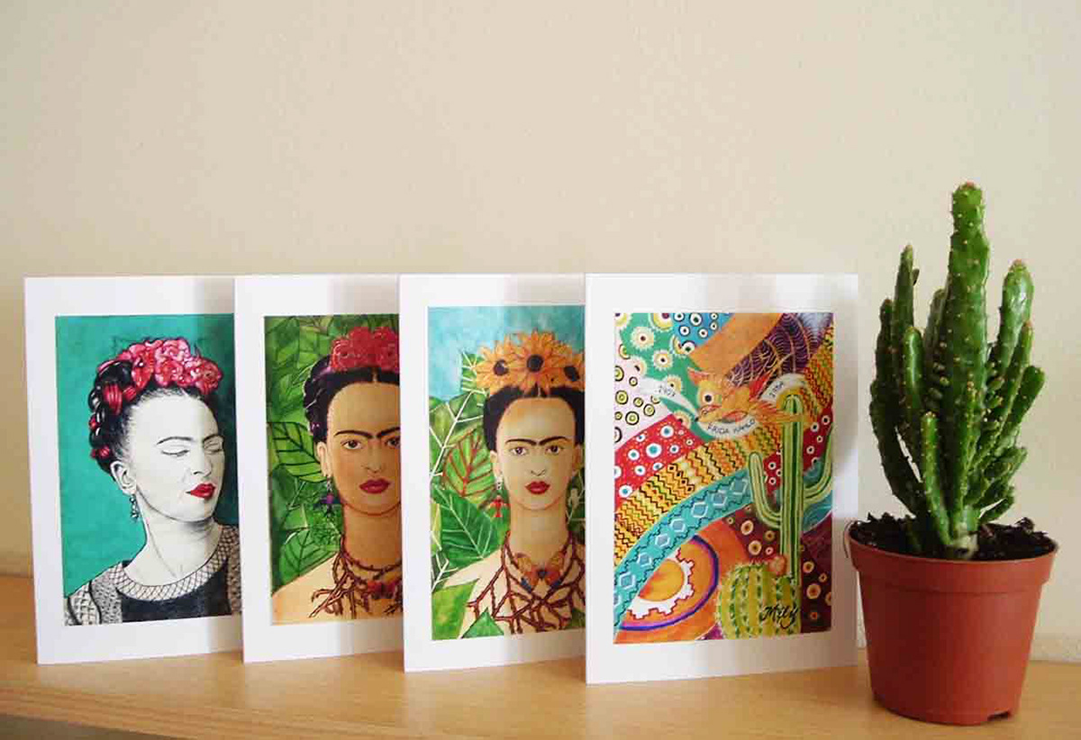 Frida Kahlo  portrait frida kahlo painting Watercolours collage minibook Flowers bird captus frida kahlo portrait skull catrina