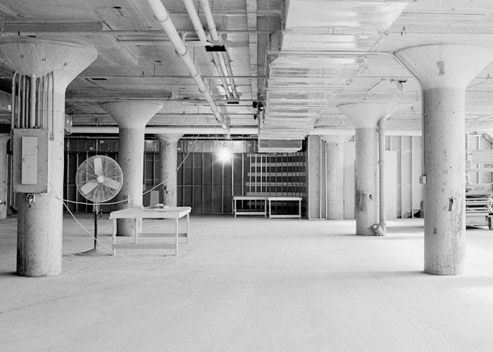 Interior industrial black and white Ilford HP5 grain analog 35mm construction renovation Urban