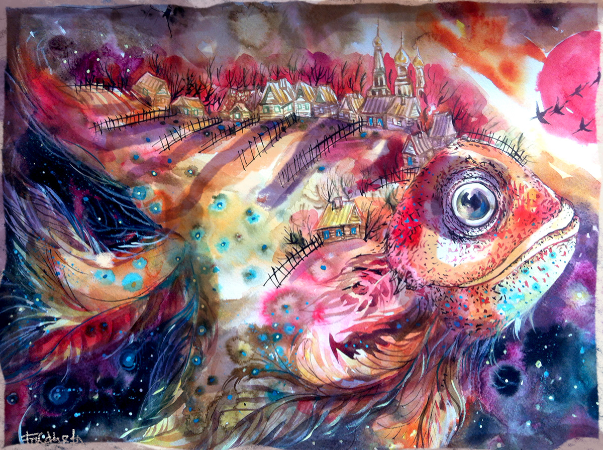 art autumn concept art Drawing  fantasy fantasy art fish fishing ILLUSTRATION  watercolor